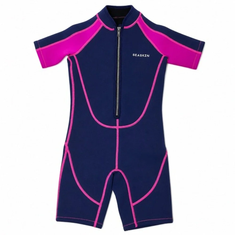 Seaskin Kids Shorty Wetsuit Girls Size 8 Navy‎ Pink Neoprene Surf Swim Suit